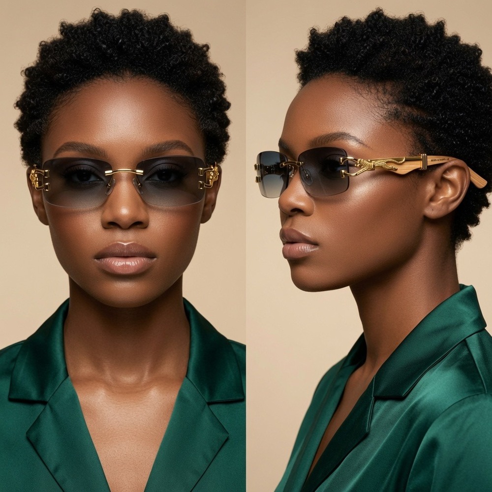 Women Fancy Rimless Rectangle Sunglasses Gold Classic 80's 90's GreenLens UV400